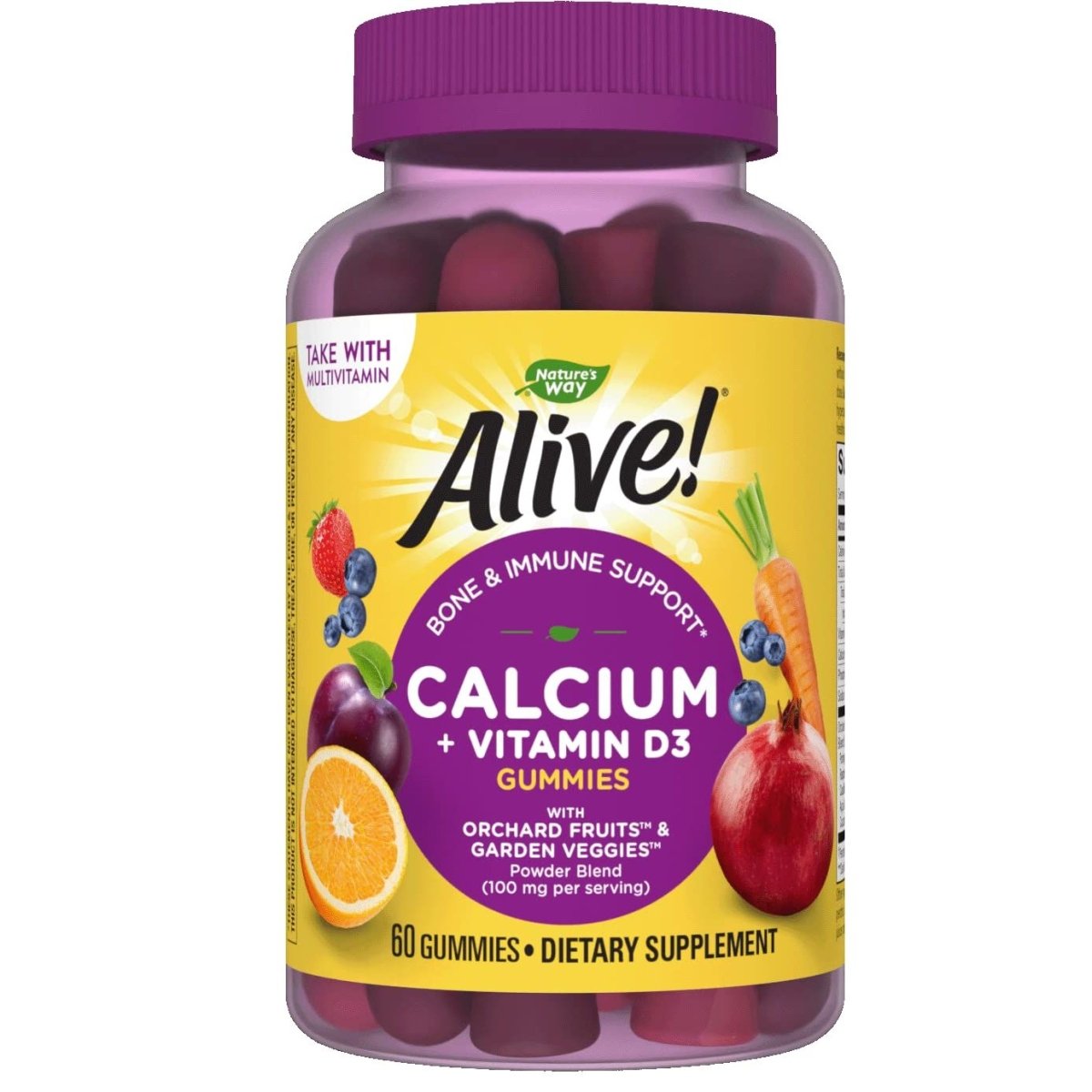 Nature's Way Alive! Premium Calcium + D3 Gummies, Supports Healthy Bones & Muscles, Strawberry and Raspberry Lemonade Flavored, 60 Gummies