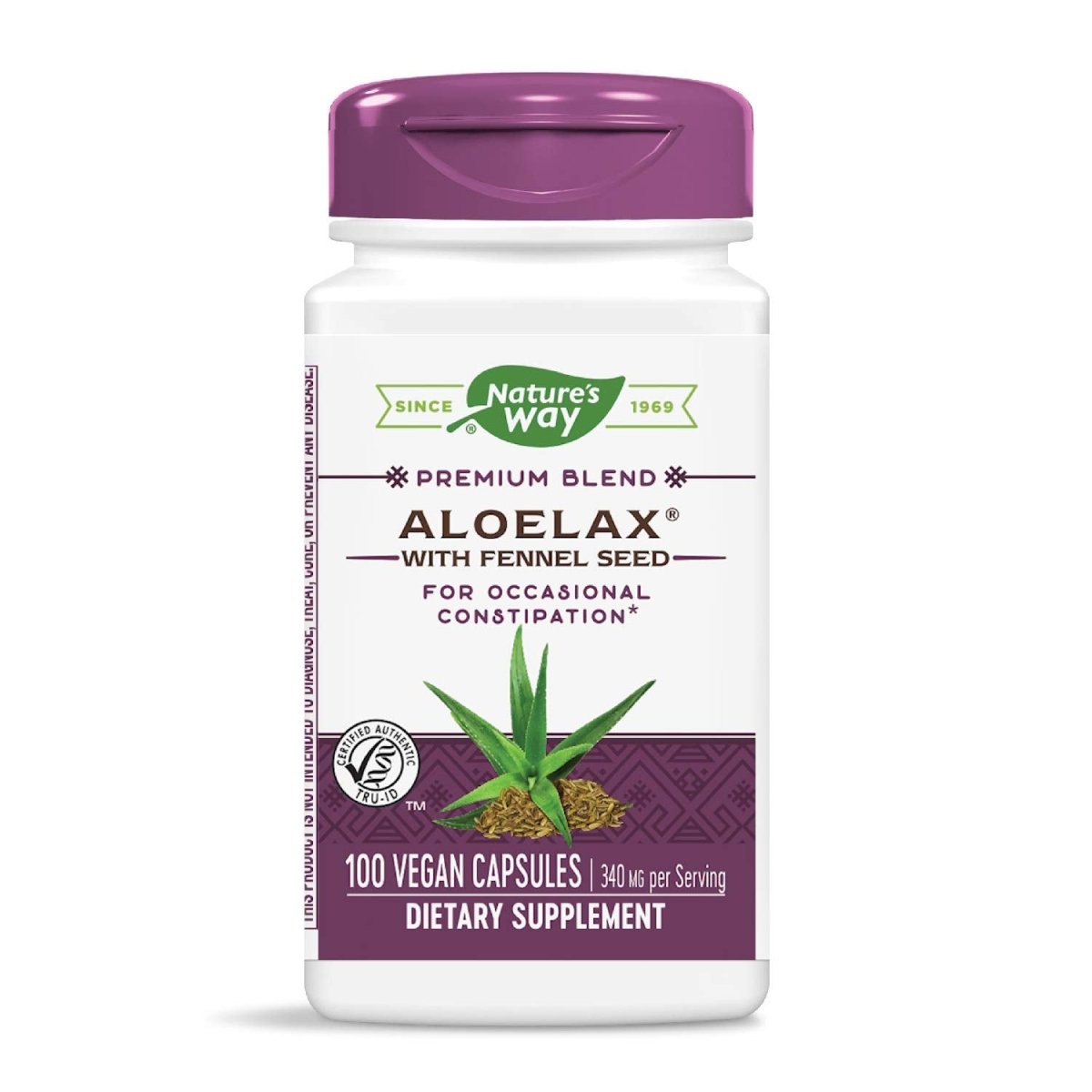 Nature's Way Aloelax, mélange de qualité supérieure, avec graines de fenouil, constipation occasionnelle, 340 mg, végétalien, 100 capsules