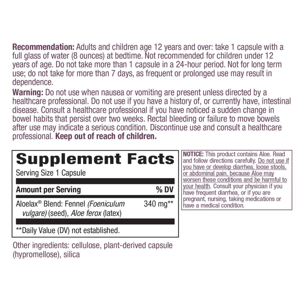 Nature's Way Aloelax, mélange de qualité supérieure, avec graines de fenouil, constipation occasionnelle, 340 mg, végétalien, 100 capsules