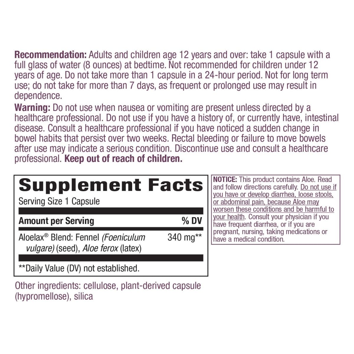 Nature's Way Aloelax, mélange de qualité supérieure, avec graines de fenouil, constipation occasionnelle, 340 mg, végétalien, 100 capsules