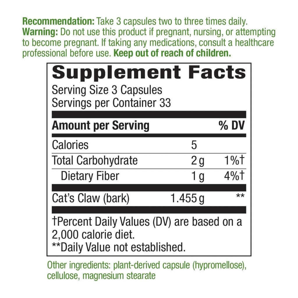 Nature's Way Cat's Claw Bark, Traditional Health Tonic, 1,455mg per serving, 100 Capsules