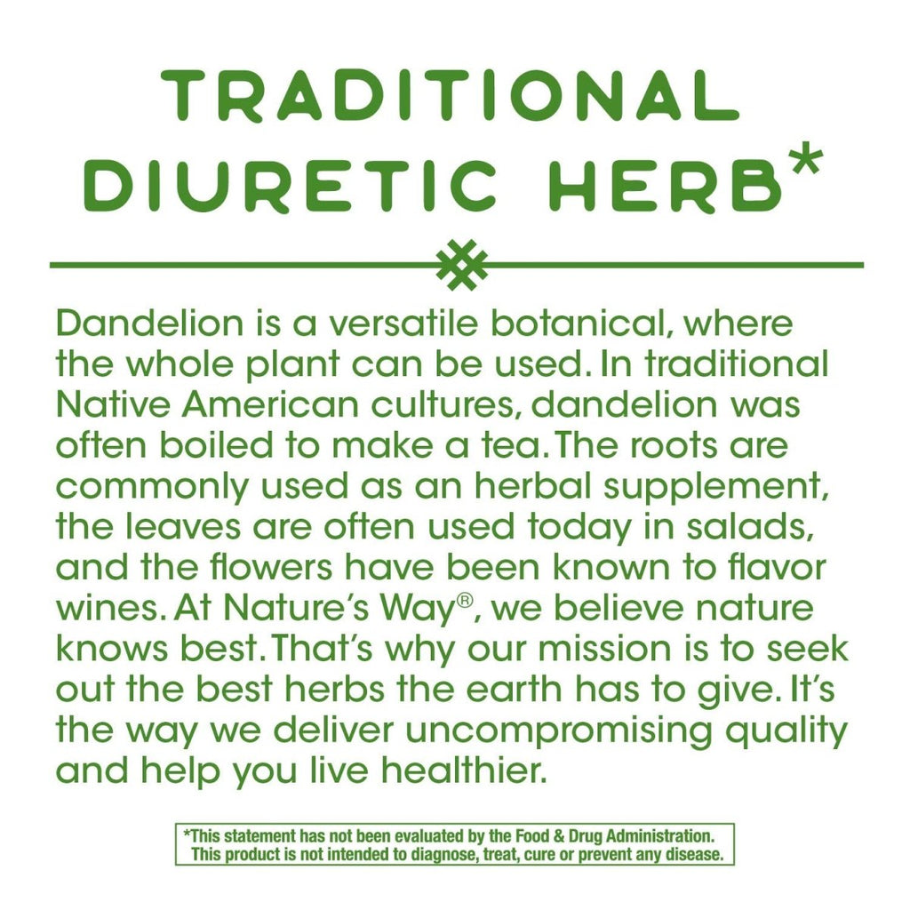 Nature's Way Dandelion Root Diuretic Herb 525 mg per Capsule Non-GMO Project Verified Gluten Free Vegan 180 Count