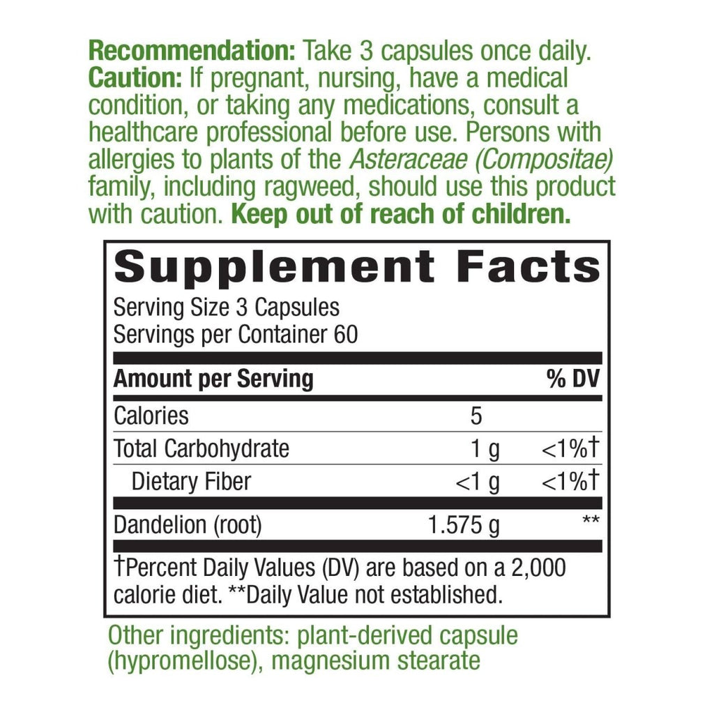 Nature's Way Dandelion Root Diuretic Herb 525 mg per Capsule Non-GMO Project Verified Gluten Free Vegan 180 Count