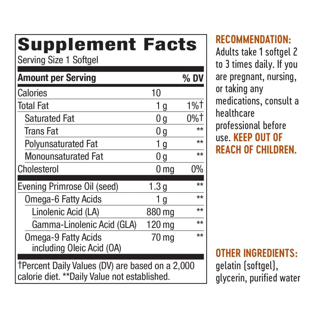 Huile d'onagre Nature's Way, force maximale, pressée à froid, non raffinée, 1300 mg avec 120 mg d'AGL par portion, 60 capsules molles