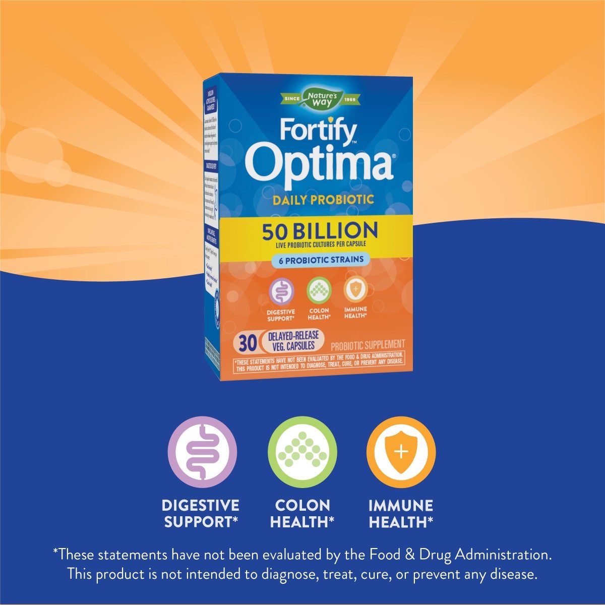 Nature's Way Fortify Optima Probiotiques quotidiens 50 milliards, 50 milliards de cultures vivantes, 6 souches probiotiques, soutient la santé digestive et immunitaire, 30 gélules