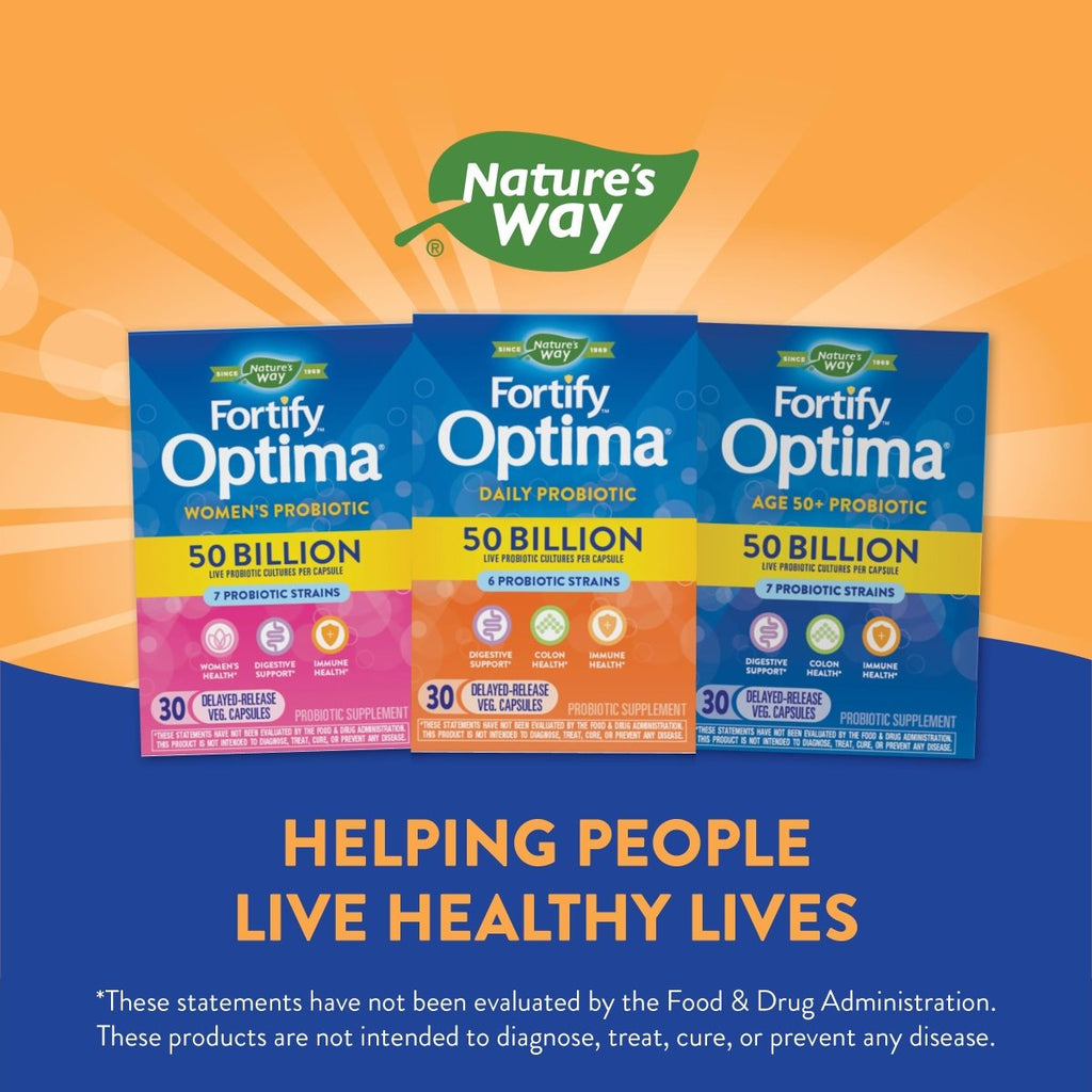 Nature's Way Fortify Optima Probiotiques quotidiens 50 milliards, 50 milliards de cultures vivantes, 6 souches probiotiques, soutient la santé digestive et immunitaire, 30 gélules