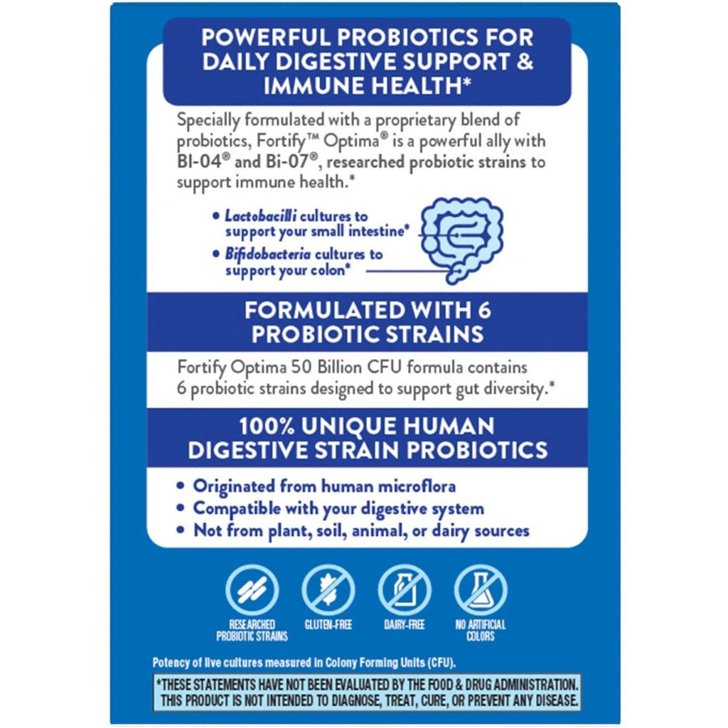 Nature's Way Fortify Optima Probiotiques quotidiens 50 milliards, 50 milliards de cultures vivantes, 6 souches probiotiques, soutient la santé digestive et immunitaire, 30 gélules