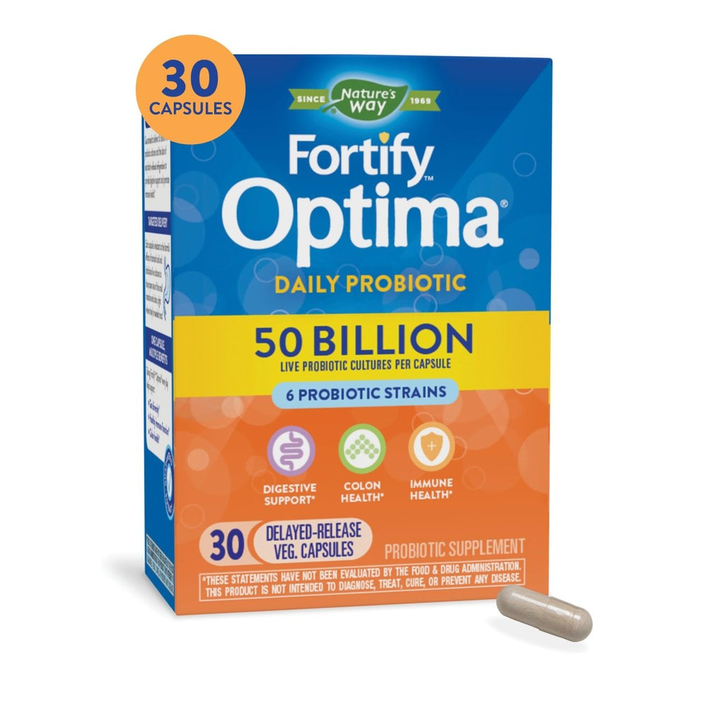 Nature's Way Fortify Optima Probiotiques quotidiens 50 milliards, 50 milliards de cultures vivantes, 6 souches probiotiques, soutient la santé digestive et immunitaire, 30 gélules