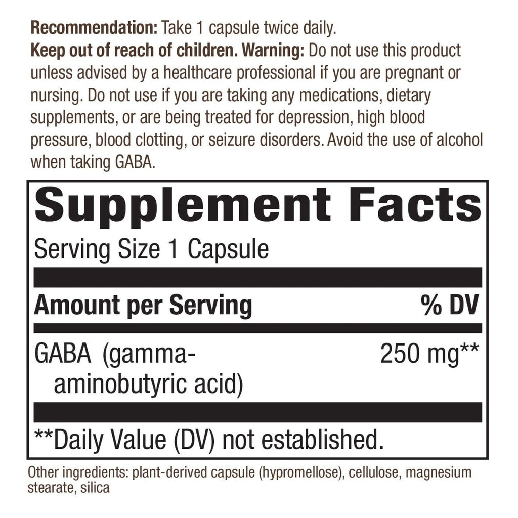 Nature's Way GABA, Acide gamma-aminobutyrique, puissance de 250 mg, 60 VCaps