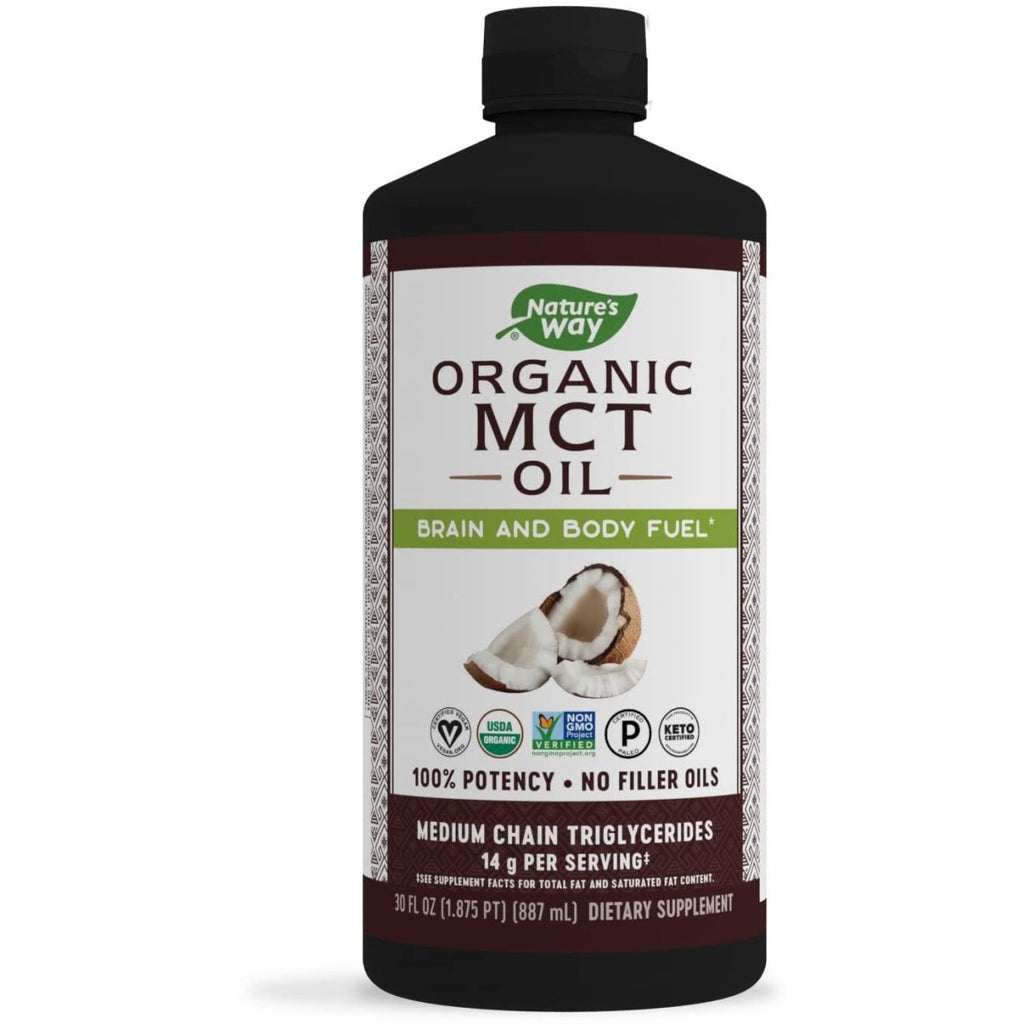 Huile de triglycérides à chaîne moyenne Nature's Way, carburant pour le cerveau et le corps à base de noix de coco ; certifiée céto et paléo, biologique, sans gluten, vérifiée Projet Sans OGM, 30 oz. liq.