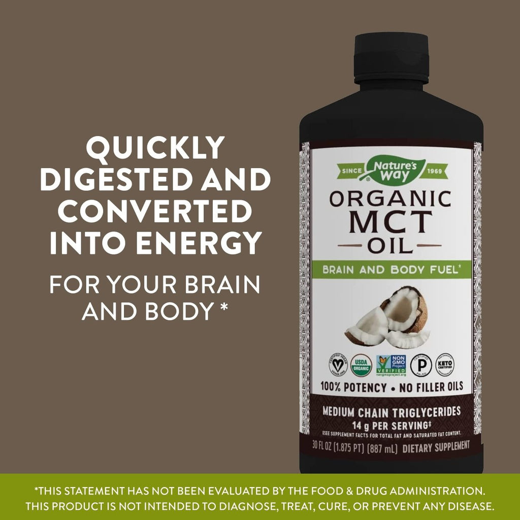 Huile de triglycérides à chaîne moyenne Nature's Way, carburant pour le cerveau et le corps à base de noix de coco ; certifiée céto et paléo, biologique, sans gluten, vérifiée Projet Sans OGM, 30 oz. liq.