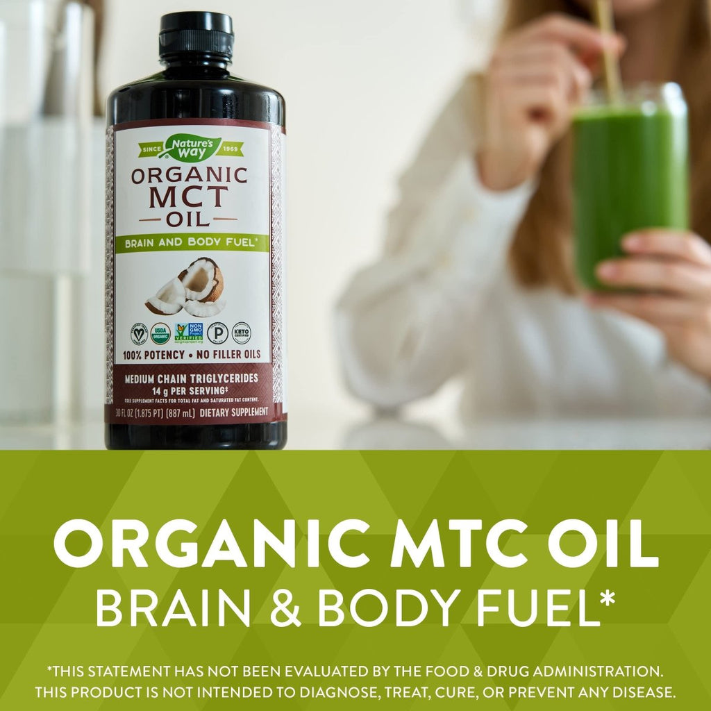 Huile de triglycérides à chaîne moyenne Nature's Way, carburant pour le cerveau et le corps à base de noix de coco ; certifiée céto et paléo, biologique, sans gluten, vérifiée Projet Sans OGM, 30 oz. liq.