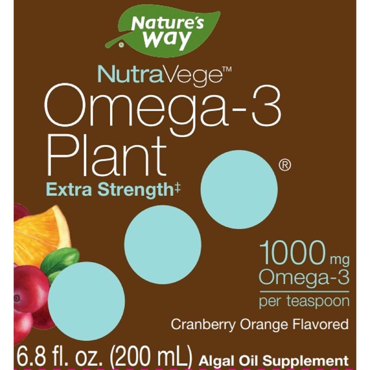 Nature's Way NutraVege Oméga-3 Végétal Extra Fort, Santé des Yeux, du Cœur et du Cerveau, Liquide Saveur Canneberge-Orange, 200 ml