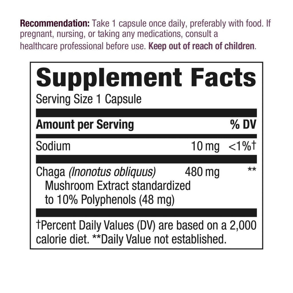 Nature's Way Extrait Supérieur de Chaga, Soutient les Voies Antioxydantes, 480 mg par portion, 30 Vcaps