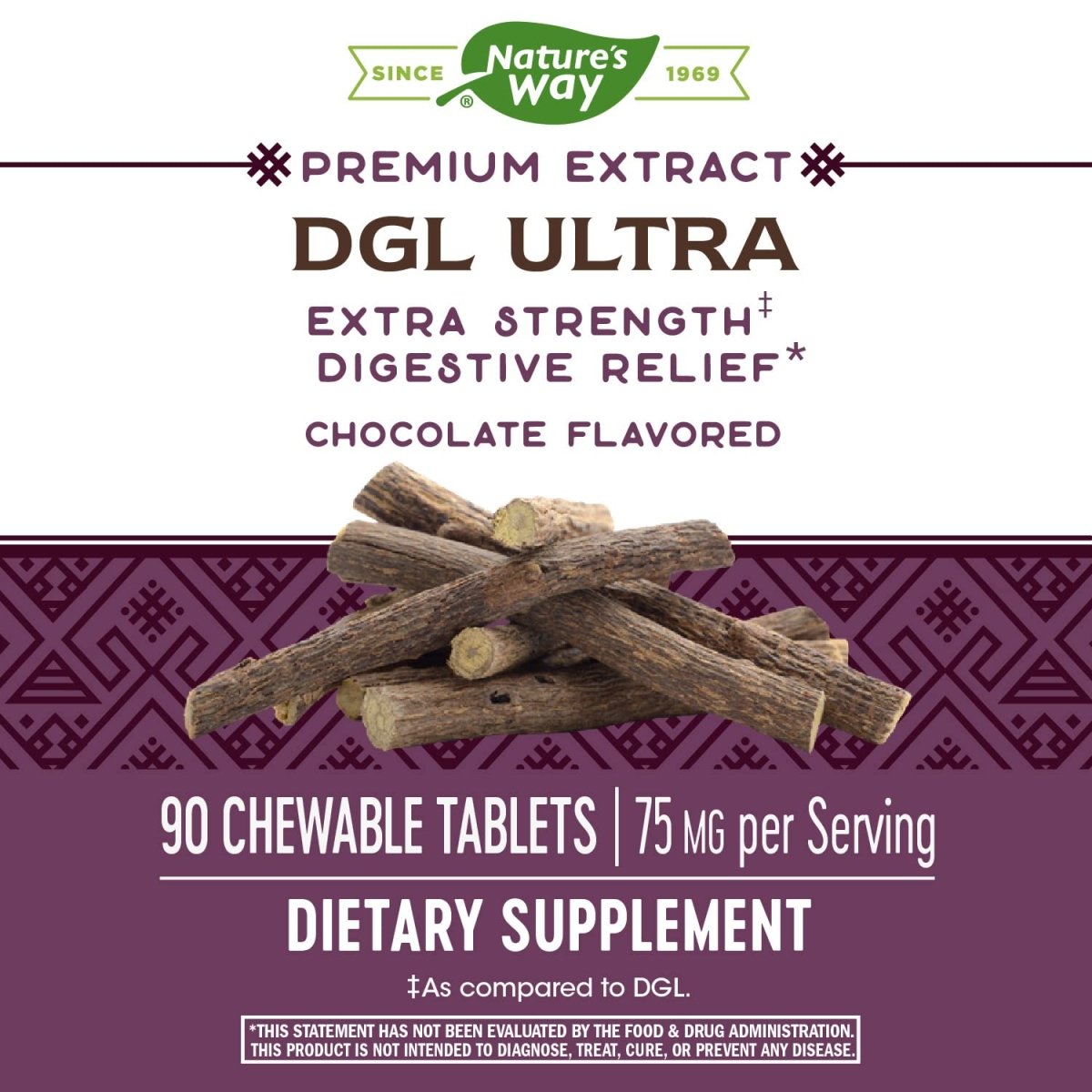 Nature's Way Extrait Premium DGL Ultra 75 mg par portion 90 comprimés à croquer saveur chocolat allemand