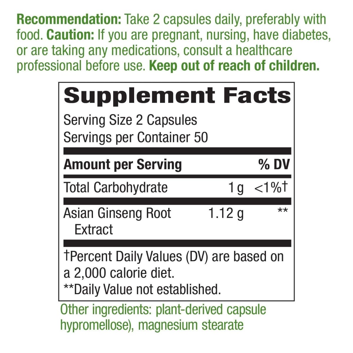 Nature's Way Ginseng Asiatique, Combat la Fatigue, 1 120 mg par portion, Végan, 100 Gélules