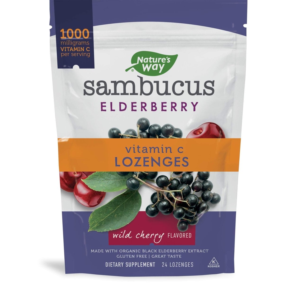 Nature's Way Sambucus Elderberry Lozenges, 1000 mg Vitamin C Per Serving, Wild Cherry, 24 Count