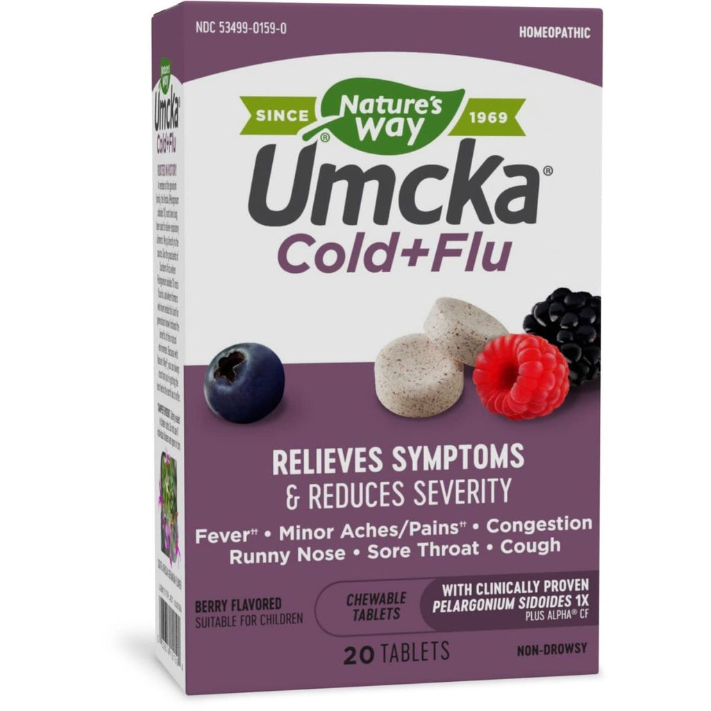 Nature's Way Umcka Rhume+Grippe Multi-Actions Non Somnolent, Arôme Baies, 20 Comprimés à Croquer