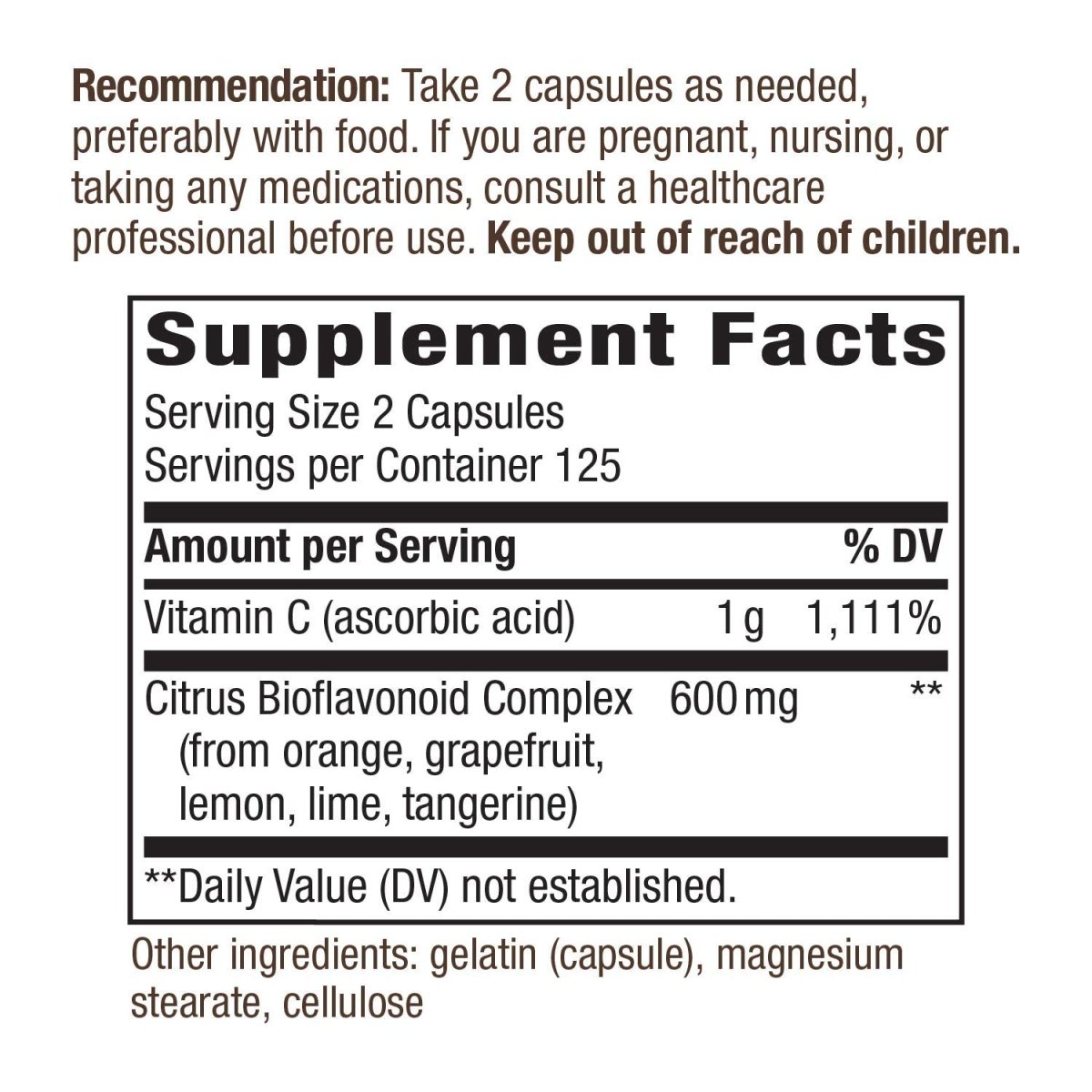 Nature's Way Vitamine C 500 mg avec Bioflavonoïdes; 1000 mg de Vitamine C par portion; 250 Gélules
