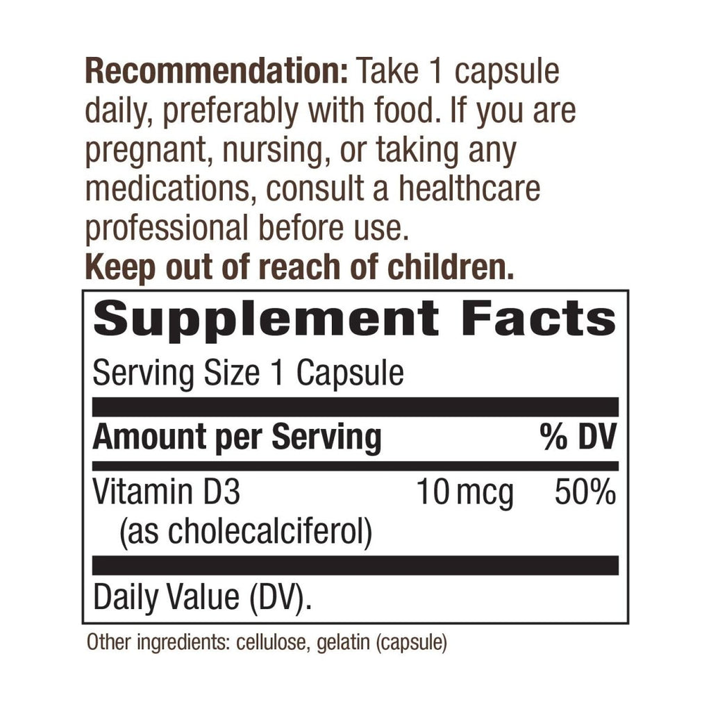 Nature's Way Vitamine D3 sous forme sèche, favorise la santé des os et le fonctionnement du système immunitaire, 10 mcg par portion, 100 gélules