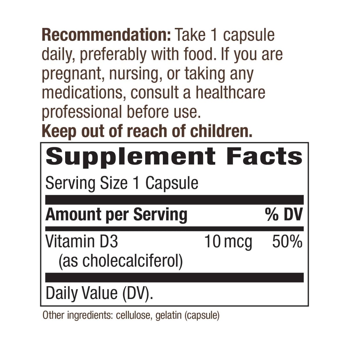 Nature's Way Vitamine D3 sous forme sèche, favorise la santé des os et le fonctionnement du système immunitaire, 10 mcg par portion, 100 gélules