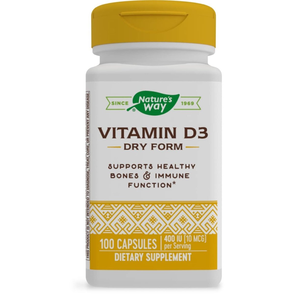 Nature's Way Vitamine D3 sous forme sèche, favorise la santé des os et le fonctionnement du système immunitaire, 10 mcg par portion, 100 gélules