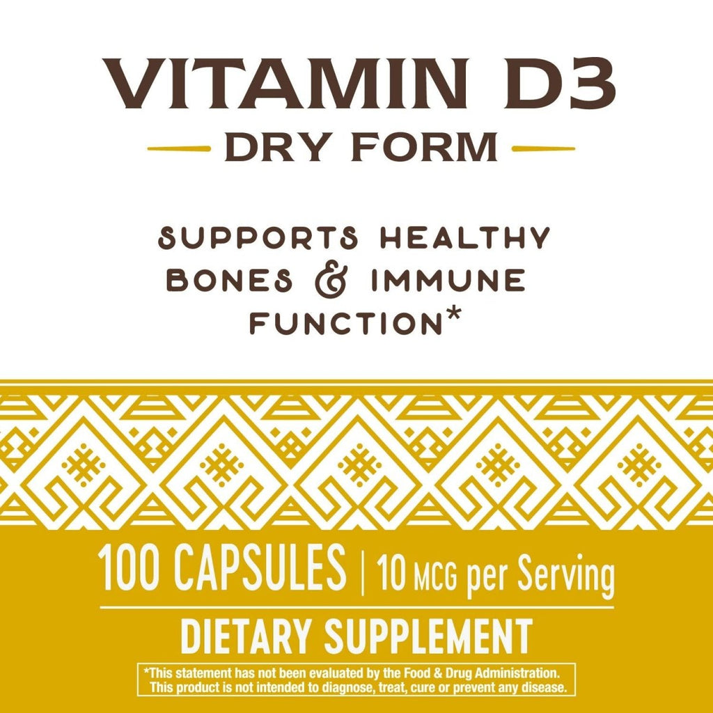 Nature's Way Vitamine D3 sous forme sèche, favorise la santé des os et le fonctionnement du système immunitaire, 10 mcg par portion, 100 gélules