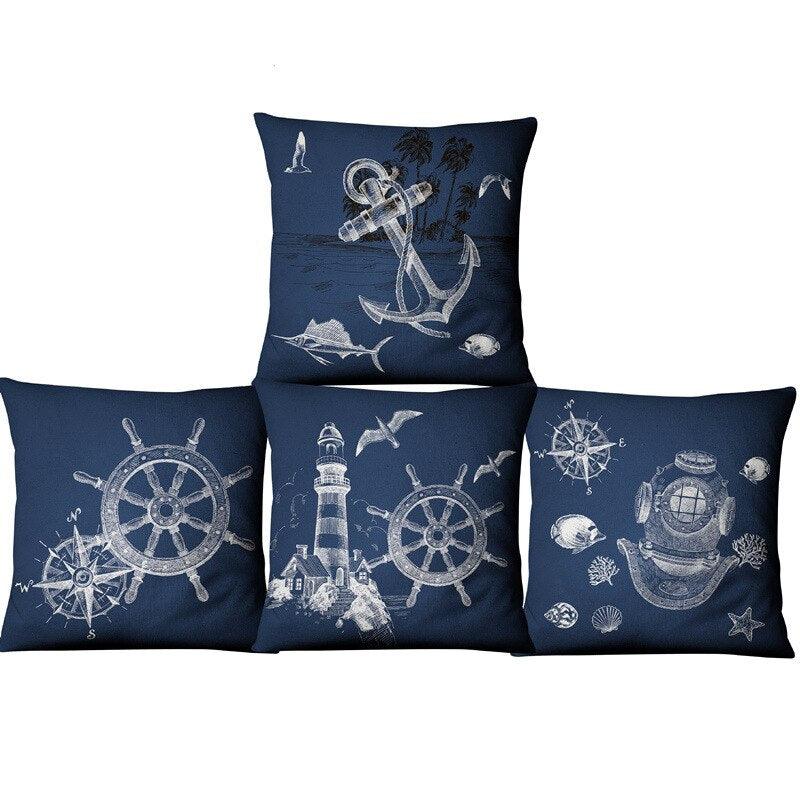 Housse de coussin en lin coquillage étoile de mer bleu marine nautique ancre bleue housse de coussin ancre bateau à voile coussin marin housse de coussin décorative pour canapé maison