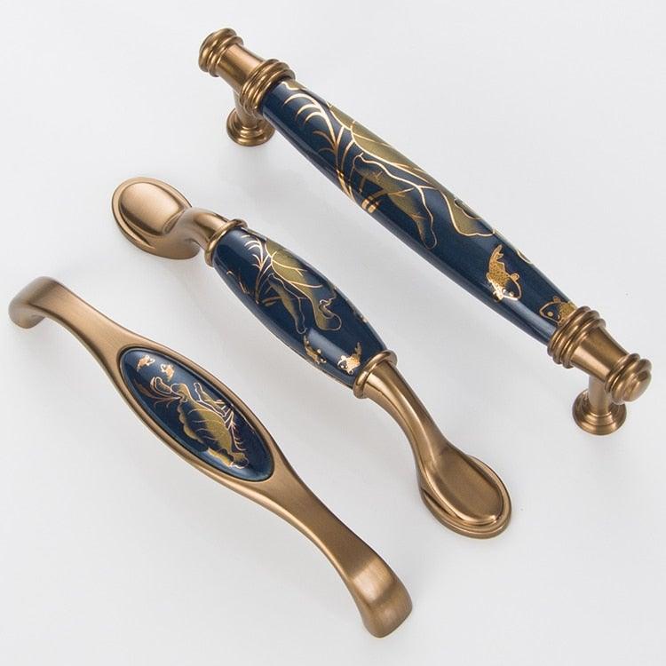 Poignées de porte en céramique bleu marine Poignées de meubles antiques européennes Boutons de tiroir Poignées de meubles de cuisine Poignée de porte d'entrée avec levier de porte pour portes à droite et à gauche