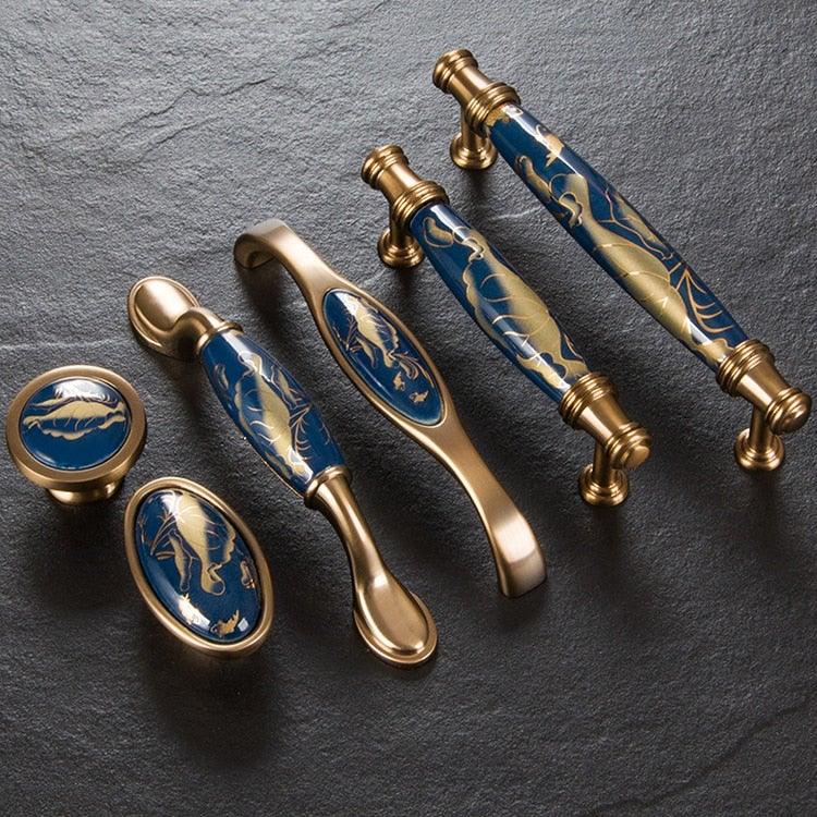 Poignées de porte en céramique bleu marine Poignées de meubles antiques européennes Boutons de tiroir Poignées de meubles de cuisine Poignée de porte d'entrée avec levier de porte pour portes à droite et à gauche