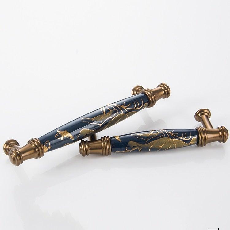 Poignées de porte en céramique bleu marine Poignées de meubles antiques européennes Boutons de tiroir Poignées de meubles de cuisine Poignée de porte d'entrée avec levier de porte pour portes à droite et à gauche