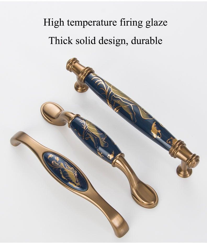 Poignées de porte en céramique bleu marine Poignées de meubles antiques européennes Boutons de tiroir Poignées de meubles de cuisine Poignée de porte d'entrée avec levier de porte pour portes à droite et à gauche