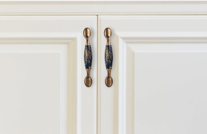 Poignées de porte en céramique bleu marine Poignées de meubles antiques européennes Boutons de tiroir Poignées de meubles de cuisine Poignée de porte d'entrée avec levier de porte pour portes à droite et à gauche