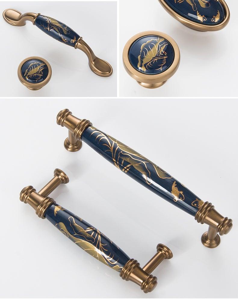 Poignées de porte en céramique bleu marine Poignées de meubles antiques européennes Boutons de tiroir Poignées de meubles de cuisine Poignée de porte d'entrée avec levier de porte pour portes à droite et à gauche