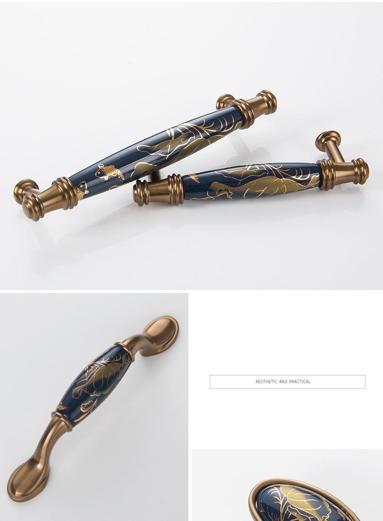 Poignées de porte en céramique bleu marine Poignées de meubles antiques européennes Boutons de tiroir Poignées de meubles de cuisine Poignée de porte d'entrée avec levier de porte pour portes à droite et à gauche