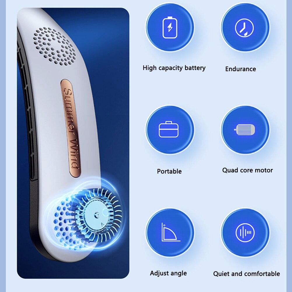 Ventilateur de cou 4 Turbo 2400 mAh, portable, sans pales, silencieux, rechargeable par USB, pour l'extérieur, ventilateur tour de cou rechargeable par USB, sans feuilles, suspendu, refroidisseur d'air, ventilateur de cou portable et refroidisseur d'air