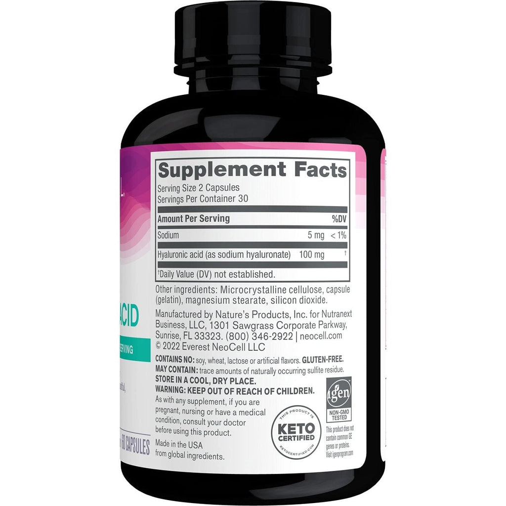 NeoCell Acide Hyaluronique Gélules, Lubrifiant Essentiel, Soutient l'Hydratation Tissulaire, Sans Gluten, 60 Comprimés, 1 Bouteille