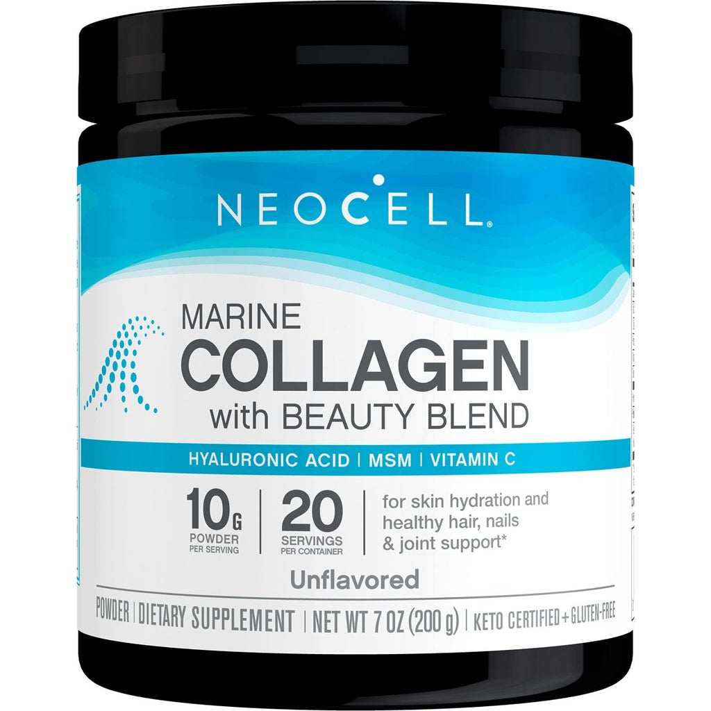 NeoCell Marine Collagen with Beauty Blend; for Skin Hydration; Healthy Hair, Nails and Joint Support; Keto Certified, Gluten Free; Unflavored Powder, 7 Ounces, 20 Servings