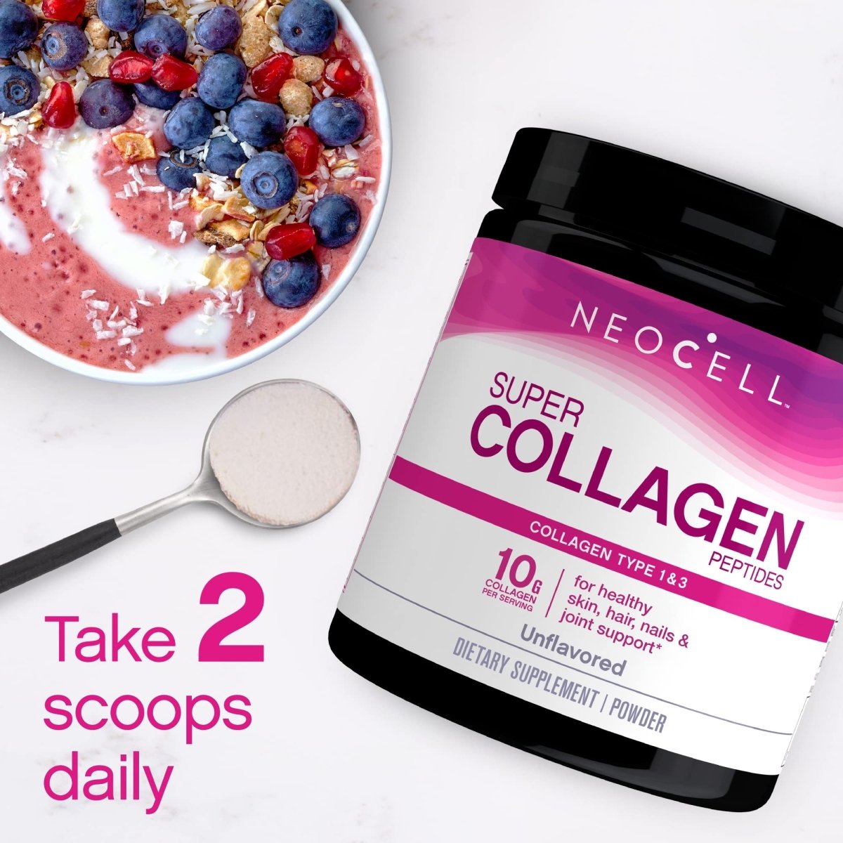 NeoCell Super Collagène Peptides, 10 g de peptides de collagène par portion, sans gluten, compatible céto, sans OGM, nourri à l'herbe, pour des cheveux, une peau, des ongles et des articulations sains, poudre sans saveur, 198 g, 1 pot