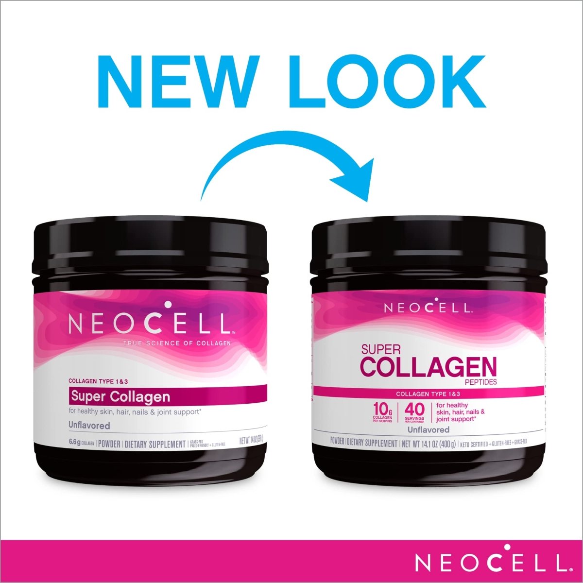 NeoCell Super Collagène Peptides, 10g de Peptides de Collagène par Portion, Sans Gluten, Compatible Keto, Sans OGM, Élevé à l'Herbe, Cheveux, Peau, Ongles et Articulations Sains, Poudre Non Aromatisée, 400 g, 1 Boîte