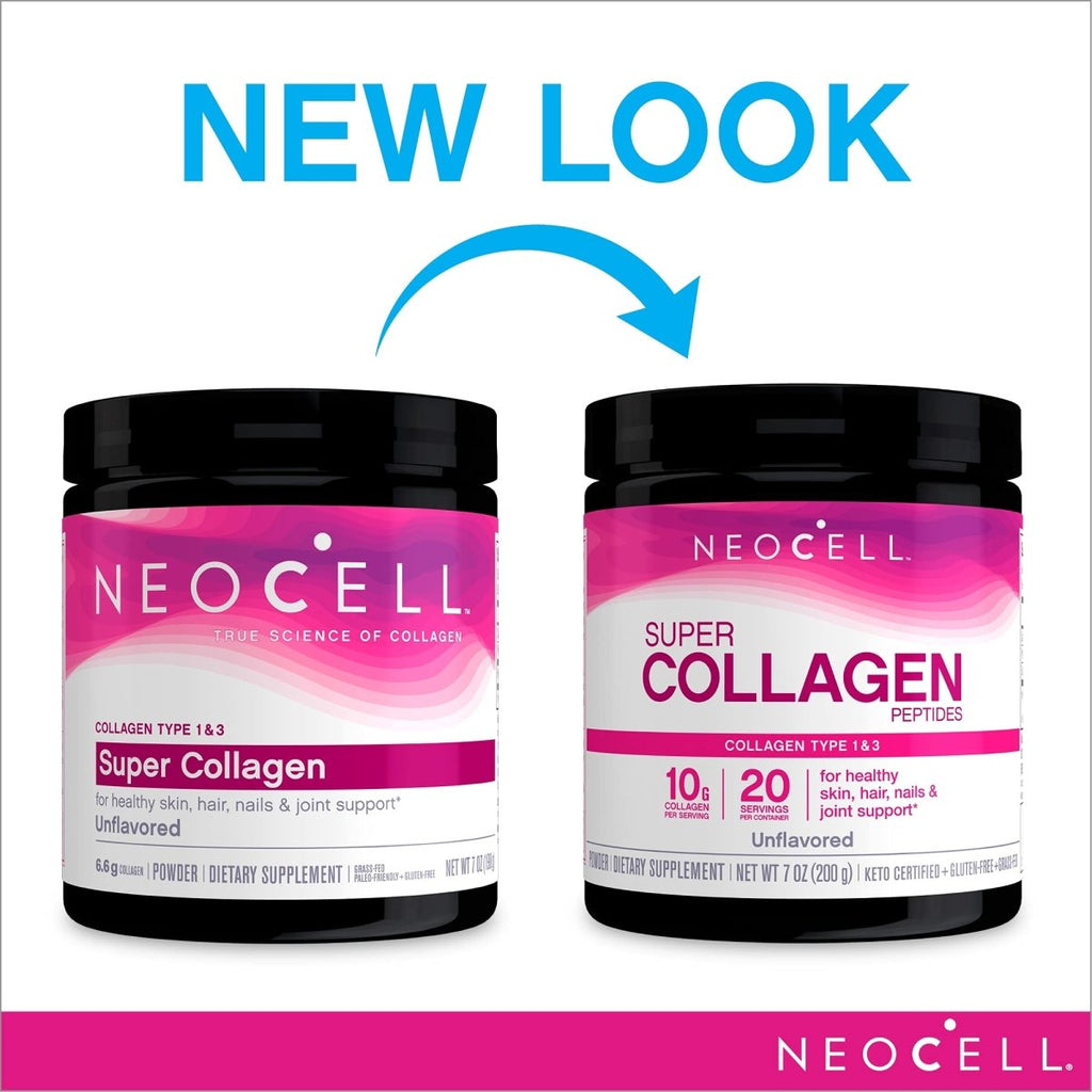 NeoCell Super Collagène Peptides, 10 g de peptides de collagène par portion, sans gluten, compatible céto, sans OGM, nourri à l'herbe, pour des cheveux, une peau, des ongles et des articulations sains, poudre sans saveur, 198 g, 1 pot