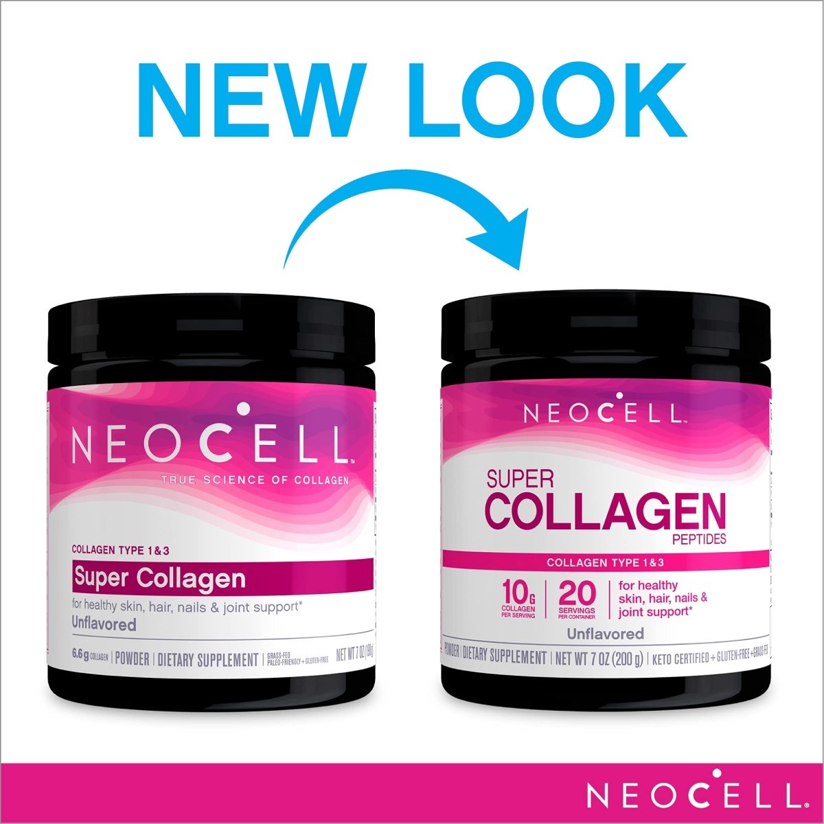 NeoCell Super Collagène Peptides, 10 g de peptides de collagène par portion, sans gluten, compatible céto, sans OGM, nourri à l'herbe, pour des cheveux, une peau, des ongles et des articulations sains, poudre sans saveur, 198 g, 1 pot