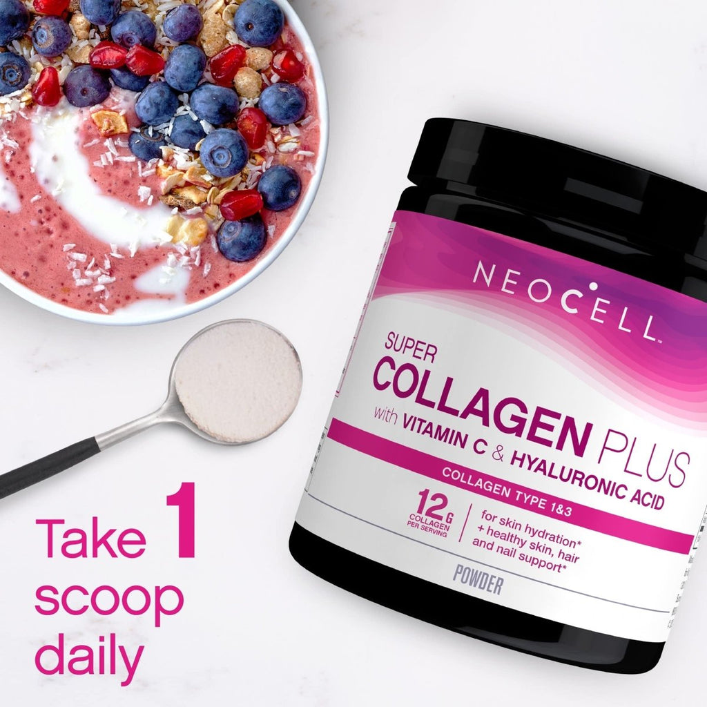 NeoCell Super Collagen Plus avec vitamine C et acide hyaluronique, pour l'hydratation de la peau et le soutien d'une peau, de cheveux et d'ongles sains, sans saveur, poudre de collagène, 195 g, 1 boîte