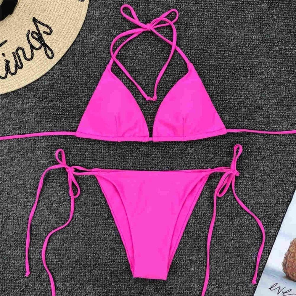 Maillot de bain bikini rose fluo pour femmes Ensemble deux pièces maillot de bain licou Bikini string triangle Ensembles de maillots de bain
