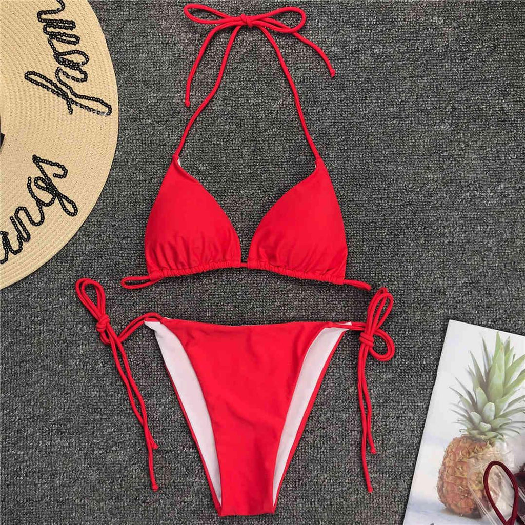 Maillot de bain bikini rose fluo pour femmes Ensemble deux pièces maillot de bain licou Bikini string triangle Ensembles de maillots de bain