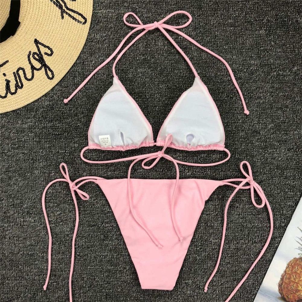 Maillot de bain bikini rose fluo pour femmes Ensemble deux pièces maillot de bain licou Bikini string triangle Ensembles de maillots de bain