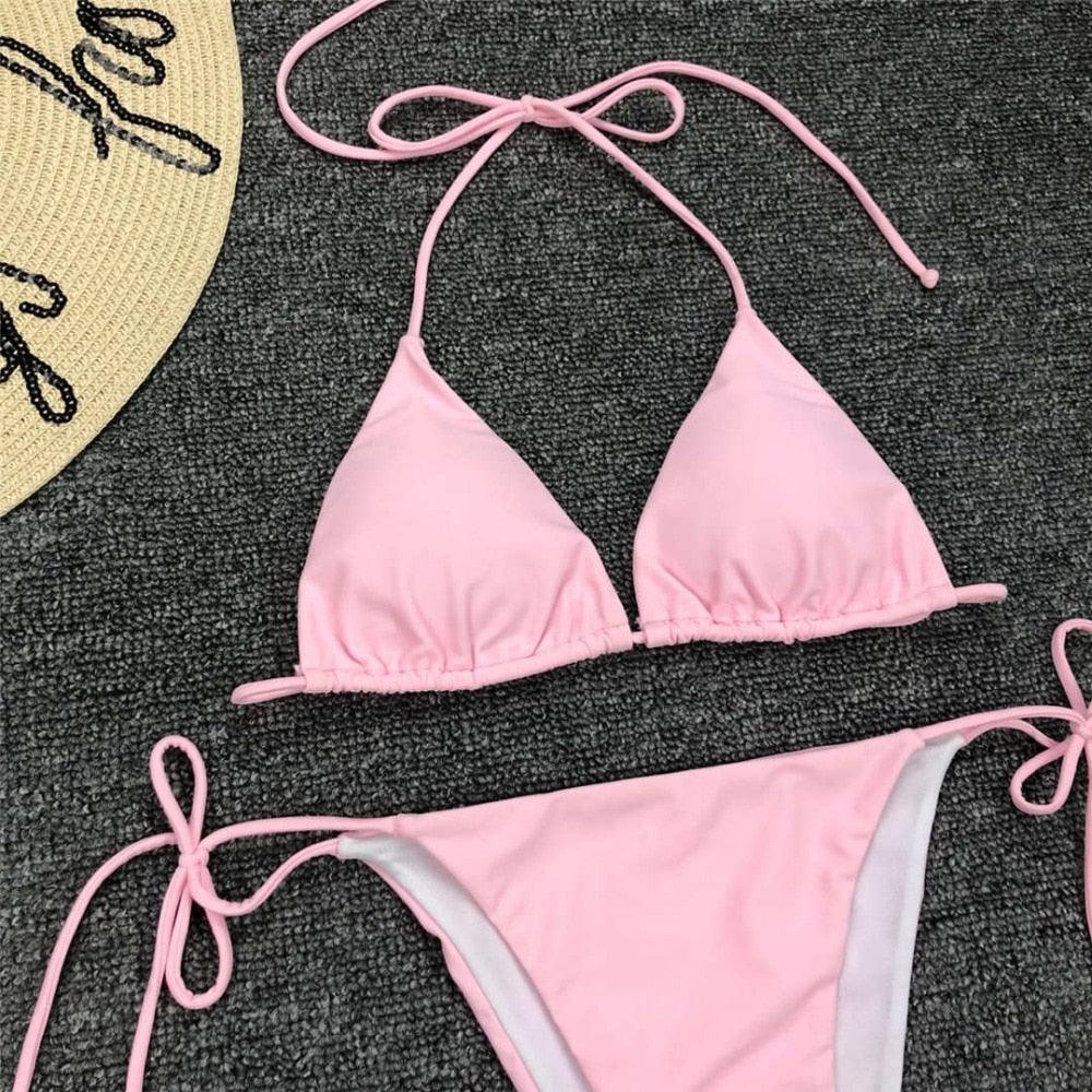 Maillot de bain bikini rose fluo pour femmes Ensemble deux pièces maillot de bain licou Bikini string triangle Ensembles de maillots de bain