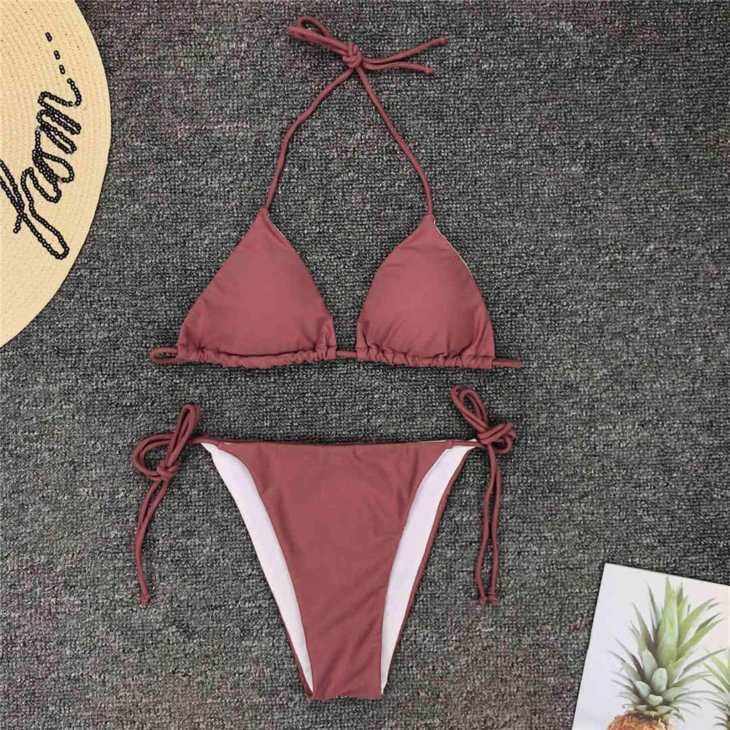 Maillot de bain bikini rose fluo pour femmes Ensemble deux pièces maillot de bain licou Bikini string triangle Ensembles de maillots de bain