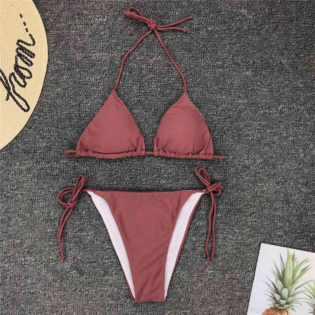 Maillot de bain bikini rose fluo pour femmes Ensemble deux pièces maillot de bain licou Bikini string triangle Ensembles de maillots de bain