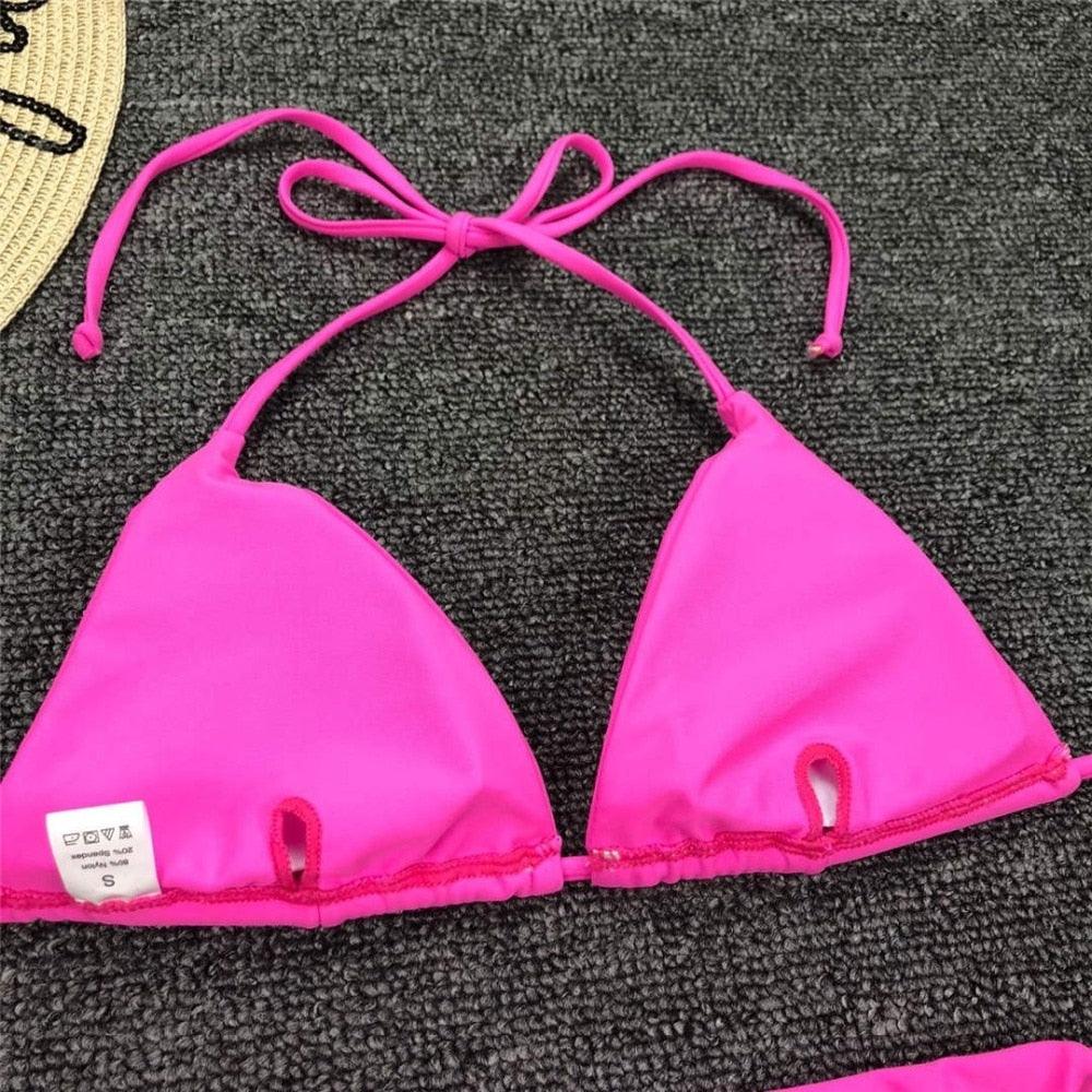 Maillot de bain bikini rose fluo pour femmes Ensemble deux pièces maillot de bain licou Bikini string triangle Ensembles de maillots de bain